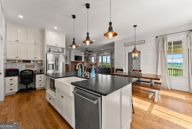 429 Hubert Harris Rd, Cornelia, GA 30531 - kitchen with appliances with stainless steel finishes, dark countertops, ceiling fan, white cabinets, and recessed lighting