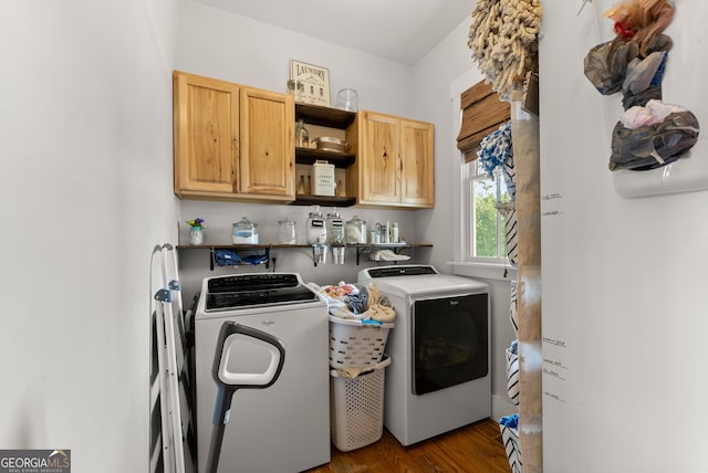 429 Hubert Harris Rd, Cornelia, GA 30531 - laundry room with cabinet space, washing machine and dryer, and dark wood-style floors