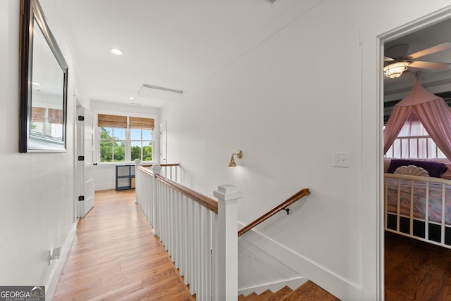 429 Hubert Harris Rd, Cornelia, GA 30531 - stairs featuring wood finished floors, ceiling fan, and recessed lighting