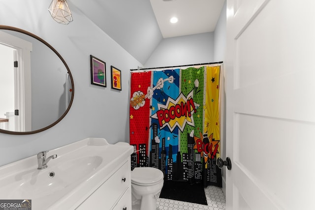 429 Hubert Harris Rd, Cornelia, GA 30531 - full bathroom featuring vanity, tile patterned floors, a shower with curtain, and vaulted ceiling