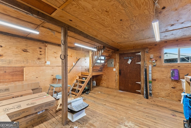 429 Hubert Harris Rd, Cornelia, GA 30531 - miscellaneous room featuring wood walls, wood-type flooring, stairway, and electric panel