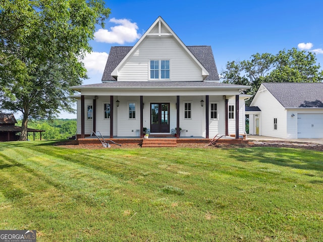 429 Hubert Harris Rd, Cornelia, GA 30531 - view of front facade featuring covered porch, a garage, a front lawn, and roof with shingles