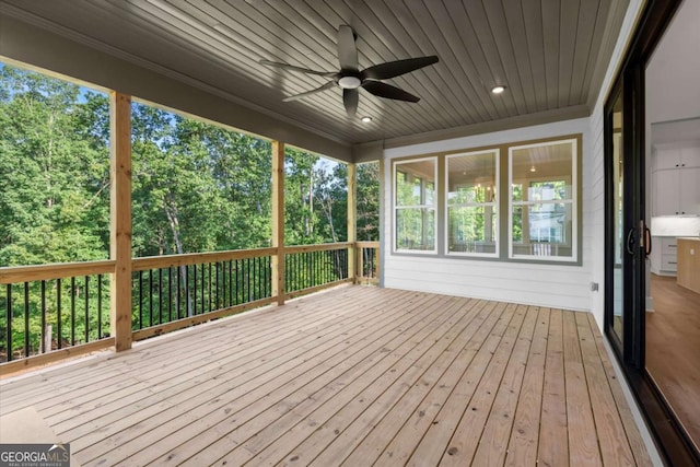 6750 Pannell Rd, Buford, GA 30518 - deck featuring a ceiling fan and view of wooded area