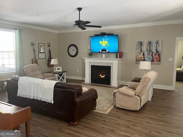 7191 Moontown Rd, Appling, GA 30802 - living area with wood finished floors, a ceiling fan, a warm lit fireplace, and crown molding