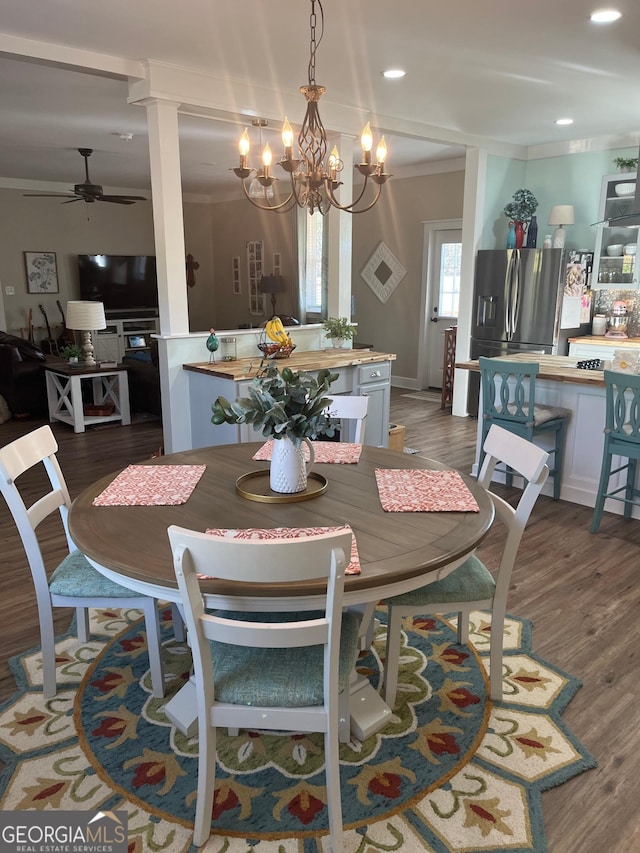 7191 Moontown Rd, Appling, GA 30802 - dining area with a ceiling fan, light wood finished floors, a chandelier, recessed lighting, and ornamental molding