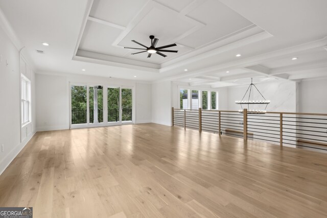 3735 Hamilton Mill Rd, Buford, GA 30519 - unfurnished room featuring a chandelier, ceiling fan, light wood-style floors, recessed lighting, and ornamental molding