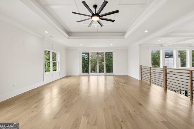 3735 Hamilton Mill Rd, Buford, GA 30519 - unfurnished living room with a raised ceiling, a ceiling fan, light wood finished floors, recessed lighting, and crown molding
