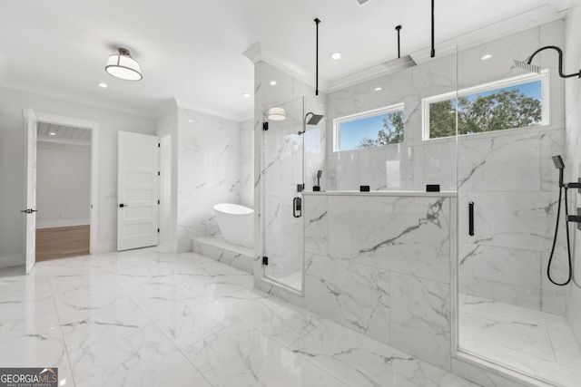 3735 Hamilton Mill Rd, Buford, GA 30519 - bathroom featuring a marble finish shower, a freestanding tub, marble tiled flooring, and crown molding