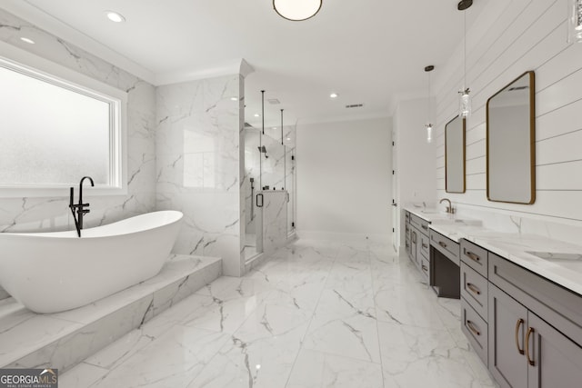 3735 Hamilton Mill Rd, Buford, GA 30519 - full bathroom with a marble finish shower, a freestanding tub, double vanity, marble tiled flooring, and recessed lighting