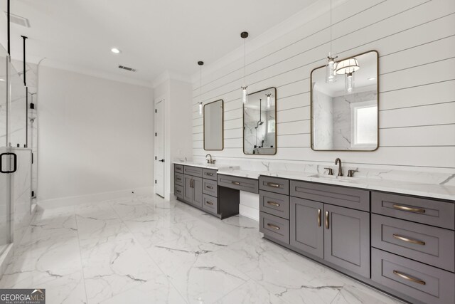 3735 Hamilton Mill Rd, Buford, GA 30519 - full bathroom featuring double vanity, a marble finish shower, wooden walls, marble finish flooring, and crown molding
