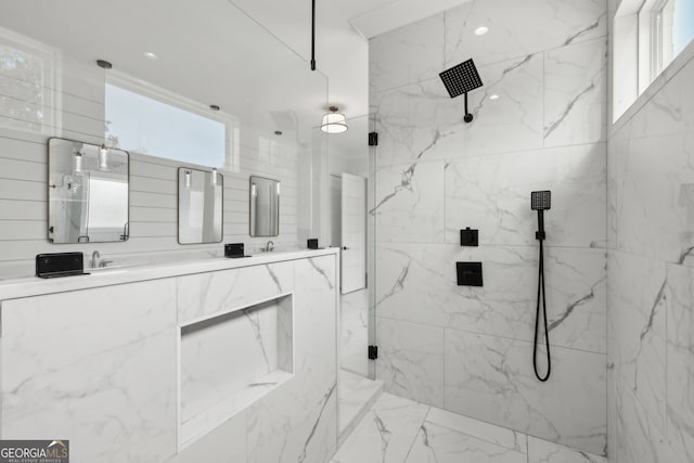 3735 Hamilton Mill Rd, Buford, GA 30519 - bathroom with a marble finish shower, plenty of natural light, and double vanity