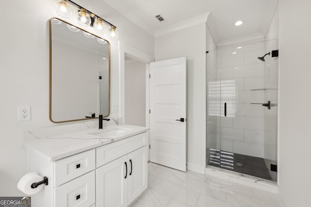 3735 Hamilton Mill Rd, Buford, GA 30519 - bathroom with a shower stall, vanity, marble look tile flooring, ornamental molding, and recessed lighting