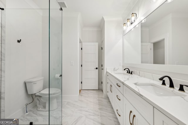 3735 Hamilton Mill Rd, Buford, GA 30519 - bathroom with marble finish floors, double vanity, and crown molding