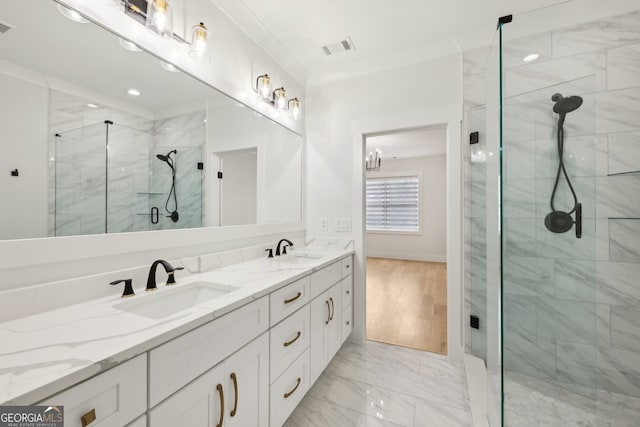 3735 Hamilton Mill Rd, Buford, GA 30519 - bathroom with marble finish floors, double vanity, a shower stall, and recessed lighting