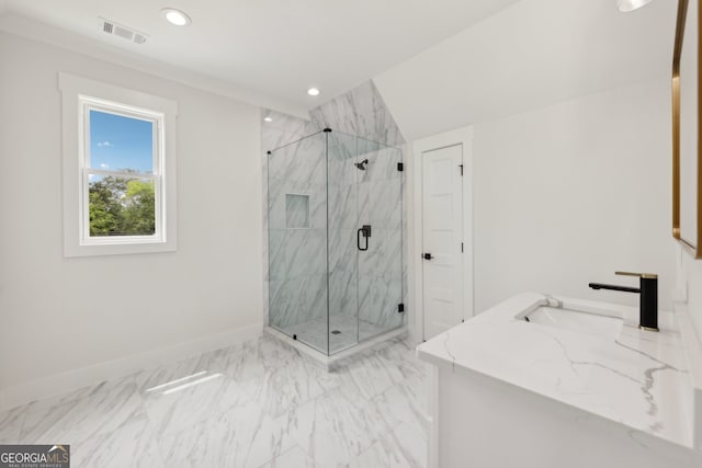 3735 Hamilton Mill Rd, Buford, GA 30519 - bathroom with a marble finish shower, marble look tile flooring, recessed lighting, and vanity