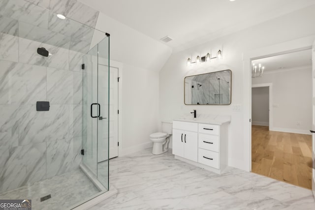 3735 Hamilton Mill Rd, Buford, GA 30519 - bathroom featuring a marble finish shower, vanity, a chandelier, and marble finish floors