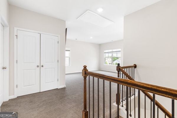 1494 Weeping Tree Cir, Hoschton, GA 30548 - corridor with an upstairs landing, carpet, recessed lighting, and attic access