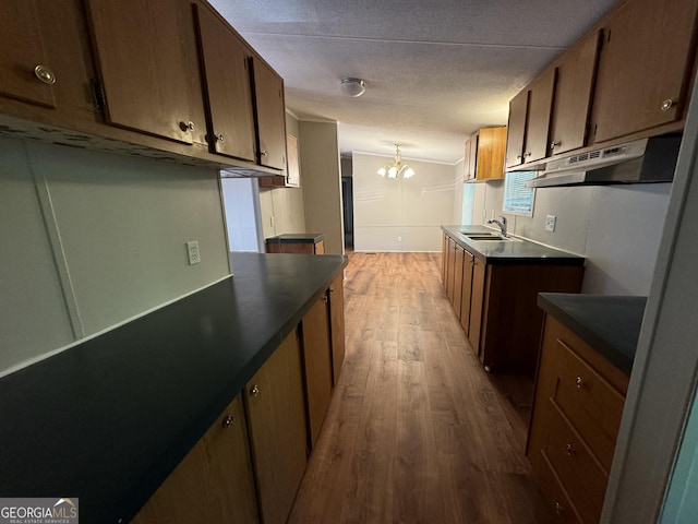 919 Louis Rd, Rentz, GA 31075 - kitchen featuring under cabinet range hood, a chandelier, wood finished floors, and dark countertops