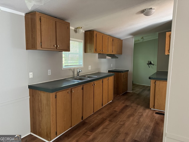 919 Louis Rd, Rentz, GA 31075 - kitchen featuring dark wood-style flooring, dark countertops, brown cabinets, and under cabinet range hood