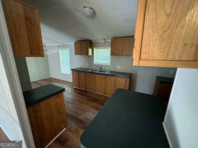 919 Louis Rd, Rentz, GA 31075 - kitchen with dark countertops, brown cabinetry, and dark wood-type flooring