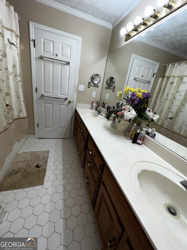 186 Kingston Rd, Colbert, GA 30628 - full bathroom with double vanity, tile patterned floors, curtained shower, and crown molding