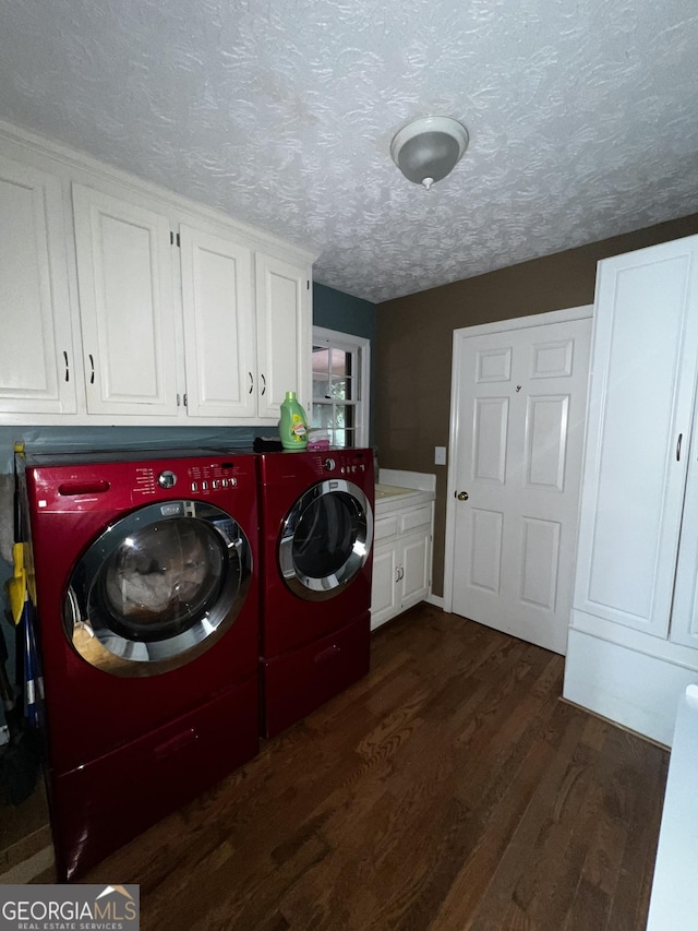 186 Kingston Rd, Colbert, GA 30628 - washroom with cabinet space, washer and clothes dryer, dark wood finished floors, and a textured ceiling