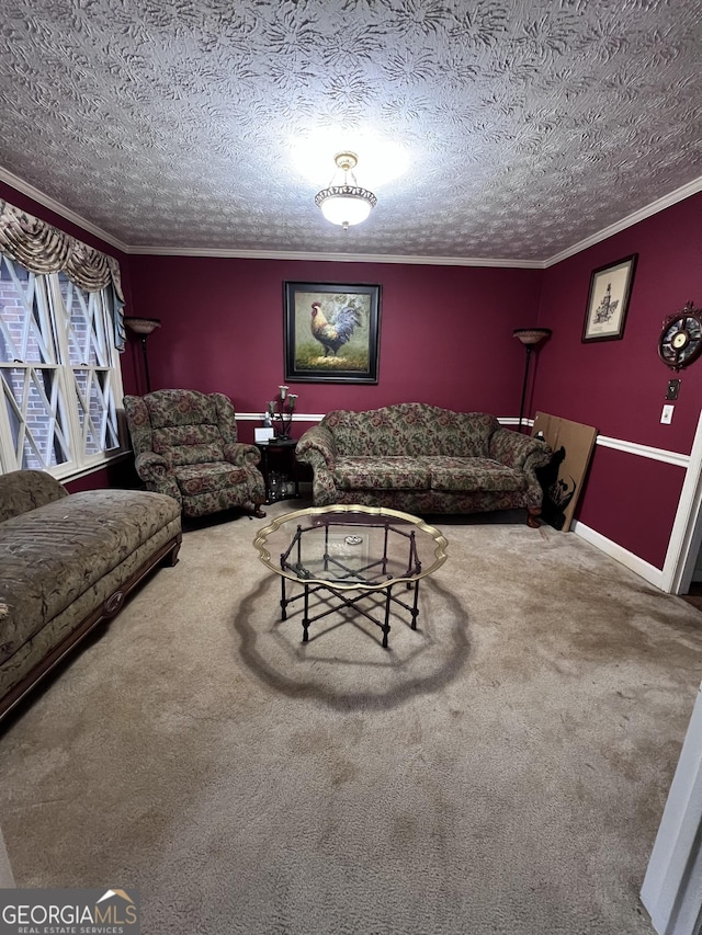 186 Kingston Rd, Colbert, GA 30628 - living area featuring crown molding, carpet, and a textured ceiling