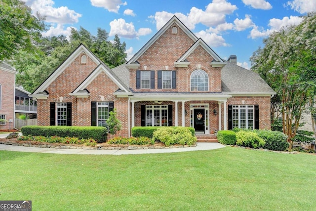 1640 Mount Mckinley Dr, Grayson, GA 30017 - traditional-style house with brick siding, a front lawn, a chimney, and a shingled roof