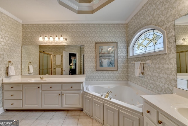 1640 Mount Mckinley Dr, Grayson, GA 30017 - full bathroom with a stall shower, ornamental molding, a whirlpool tub, two vanities, and tile patterned floors