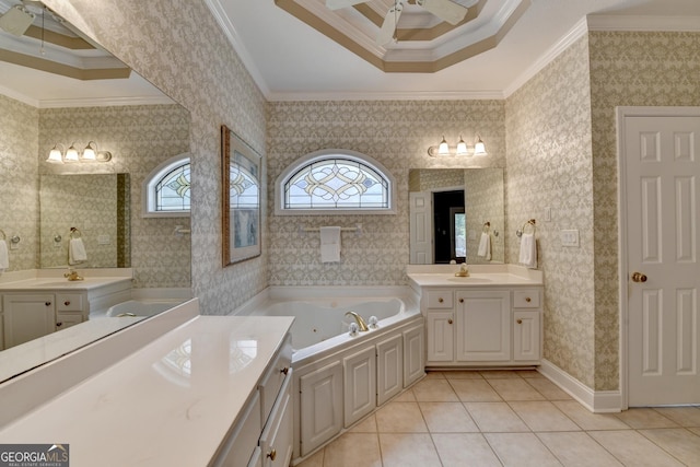 1640 Mount Mckinley Dr, Grayson, GA 30017 - full bath featuring ornamental molding, a ceiling fan, tile patterned floors, a tub with jets, and two vanities
