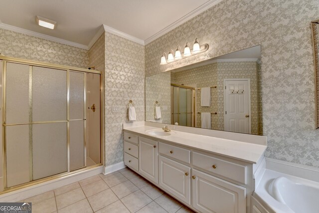 1640 Mount Mckinley Dr, Grayson, GA 30017 - bathroom featuring tile patterned floors, ornamental molding, a stall shower, vanity, and wallpapered walls