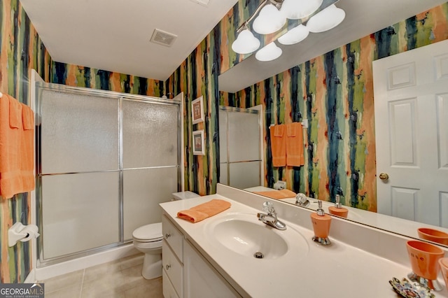 1640 Mount Mckinley Dr, Grayson, GA 30017 - bathroom with wallpapered walls, tile patterned floors, a shower stall, and vanity