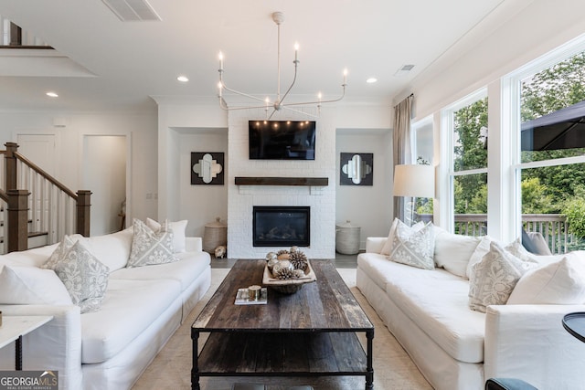 15755 Burdette Ct, Milton, GA 30004 - living room with stairway, crown molding, recessed lighting, and a fireplace