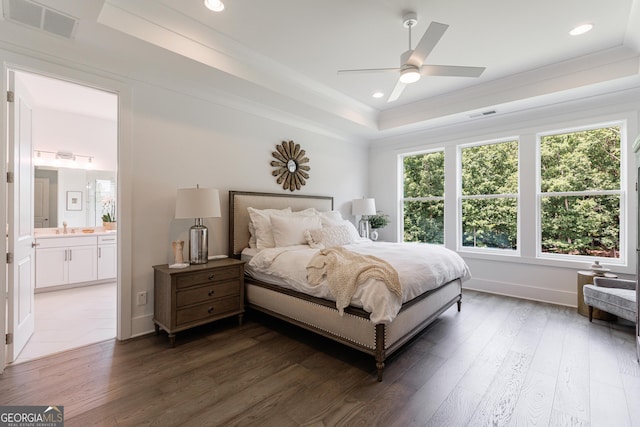 15755 Burdette Ct, Milton, GA 30004 - bedroom with a tray ceiling, wood finished floors, crown molding, recessed lighting, and connected bathroom