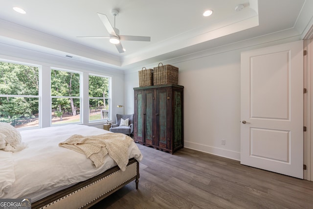 15755 Burdette Ct, Milton, GA 30004 - bedroom with a raised ceiling, wood finished floors, crown molding, recessed lighting, and a ceiling fan