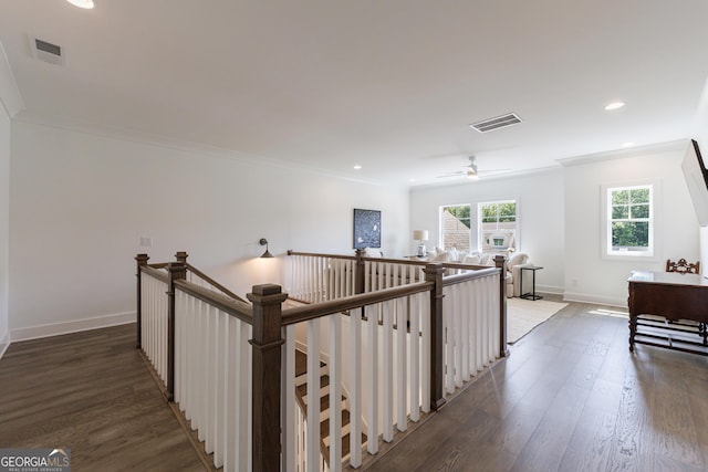 15755 Burdette Ct, Milton, GA 30004 - hall with an upstairs landing, ornamental molding, recessed lighting, and dark wood-style flooring