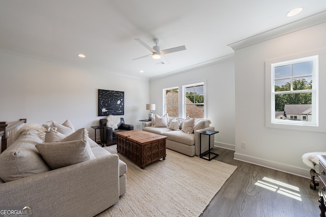 15755 Burdette Ct, Milton, GA 30004 - living room with wood finished floors, a ceiling fan, ornamental molding, and recessed lighting