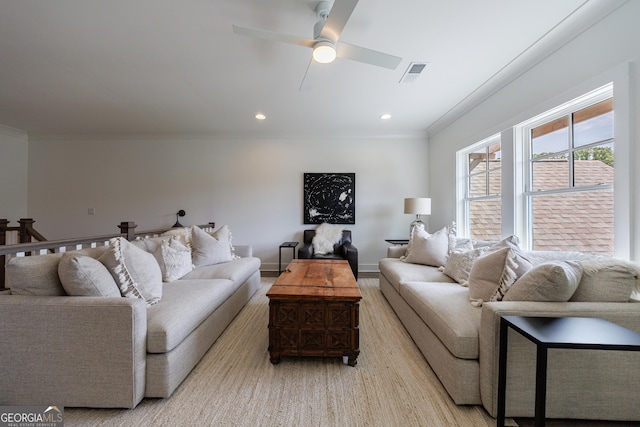 15755 Burdette Ct, Milton, GA 30004 - living area with light wood finished floors, crown molding, a ceiling fan, and recessed lighting