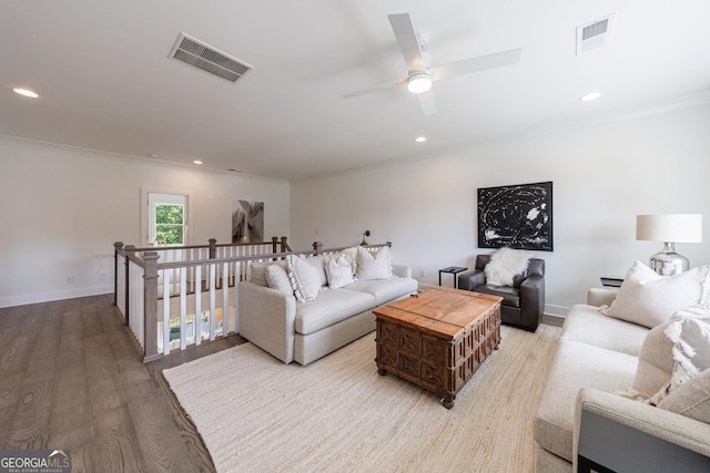 15755 Burdette Ct, Milton, GA 30004 - living area featuring wood finished floors, recessed lighting, crown molding, and a ceiling fan