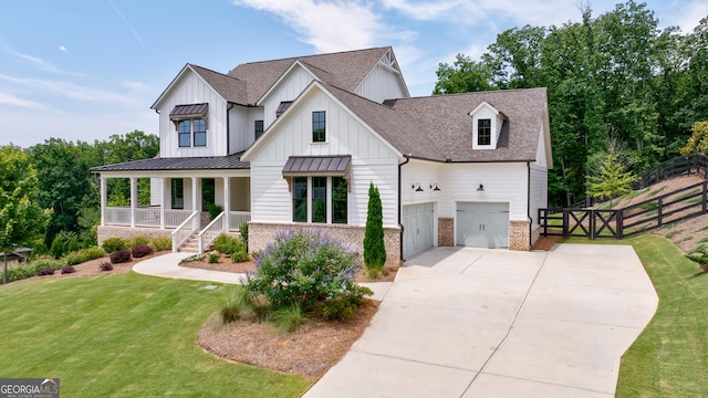 15755 Burdette Ct, Milton, GA 30004 - modern inspired farmhouse with covered porch, a shingled roof, driveway, a garage, and board and batten siding
