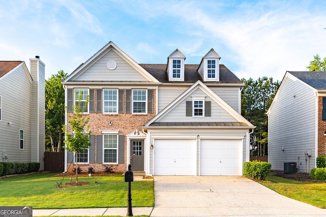 8750 Redford Ln, Suwanee, GA 30024 - traditional home featuring a front yard, driveway, a garage, brick siding, and roof with shingles