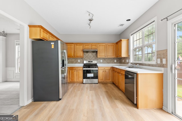 8750 Redford Ln, Suwanee, GA 30024 - kitchen featuring stainless steel appliances, light wood-style floors, plenty of natural light, and light countertops