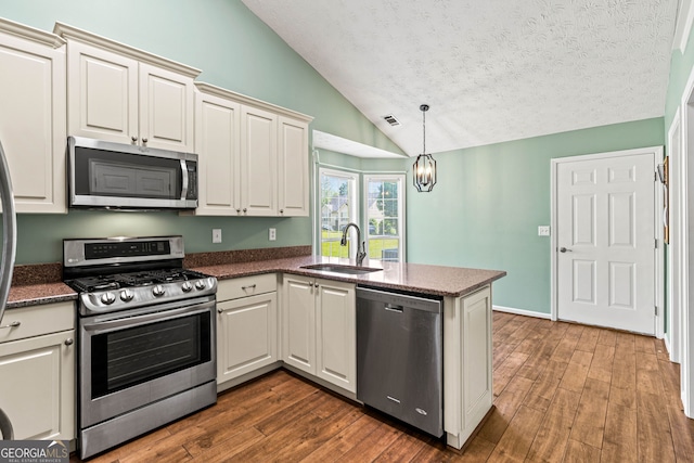 5832 Sycamore Ridge Dr, Sugar Hill, GA 30518 - kitchen with appliances with stainless steel finishes, a peninsula, vaulted ceiling, dark wood-type flooring, and a textured ceiling