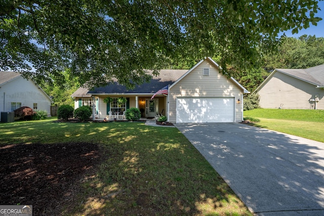 5832 Sycamore Ridge Dr, Sugar Hill, GA 30518 - ranch-style house with a porch, a garage, concrete driveway, and a front yard