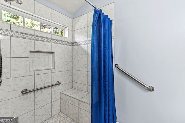 5832 Sycamore Ridge Dr, Sugar Hill, GA 30518 - bathroom featuring tiled shower, plenty of natural light, and lofted ceiling