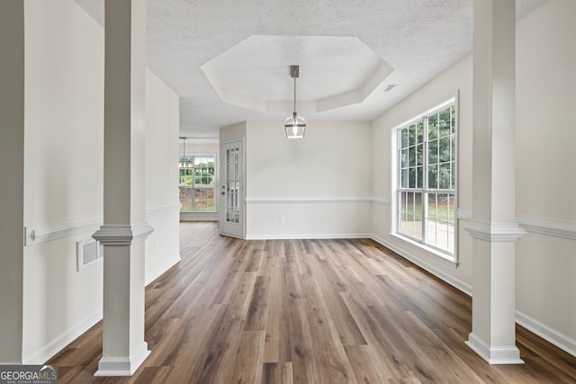 501 Llewellyn Ct, Jenkinsburg, GA 30234 - unfurnished dining area featuring a raised ceiling, plenty of natural light, wood finished floors, and a textured ceiling