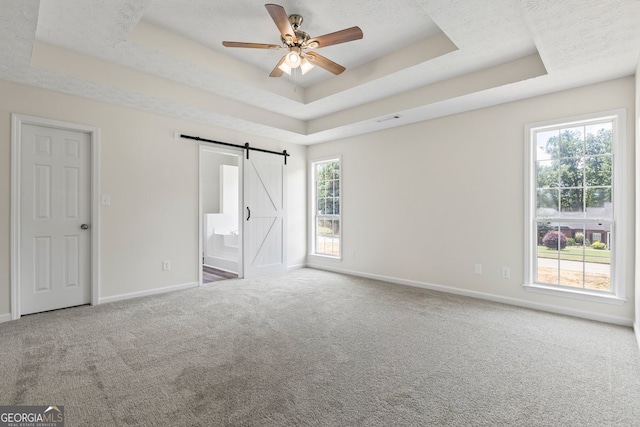 501 Llewellyn Ct, Jenkinsburg, GA 30234 - unfurnished bedroom featuring carpet, a raised ceiling, a barn door, and ensuite bath