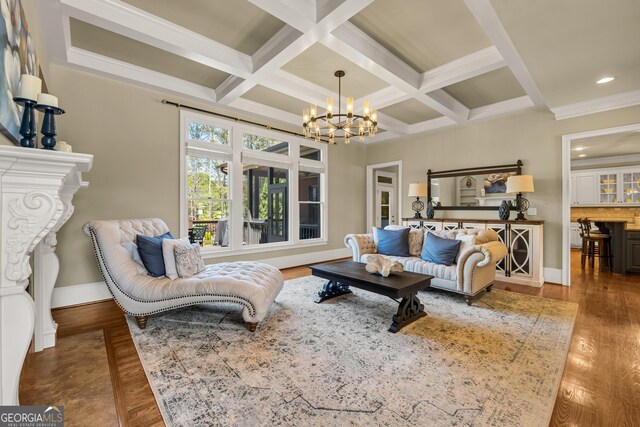 560 Arcaro Dr, Milton, GA 30004 - living area with a chandelier, wood finished floors, beamed ceiling, coffered ceiling, and recessed lighting