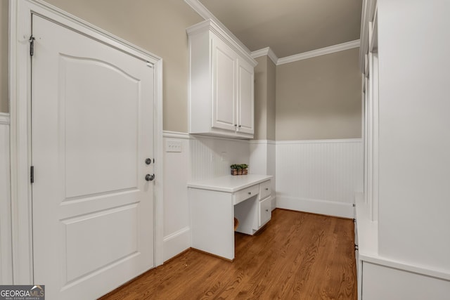 560 Arcaro Dr, Milton, GA 30004 - mudroom with wainscoting, light wood-type flooring, and crown molding