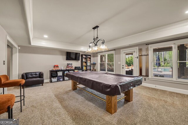 560 Arcaro Dr, Milton, GA 30004 - game room with crown molding, a raised ceiling, carpet, billiards table, and recessed lighting